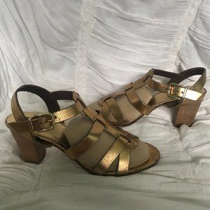 Jcrew Gold Leather T-StrapSandals with Block Heel